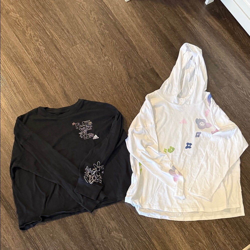 Lot of 2 adidas Kids Black Long-Sleeve Tee and White Floral Accents with hood.